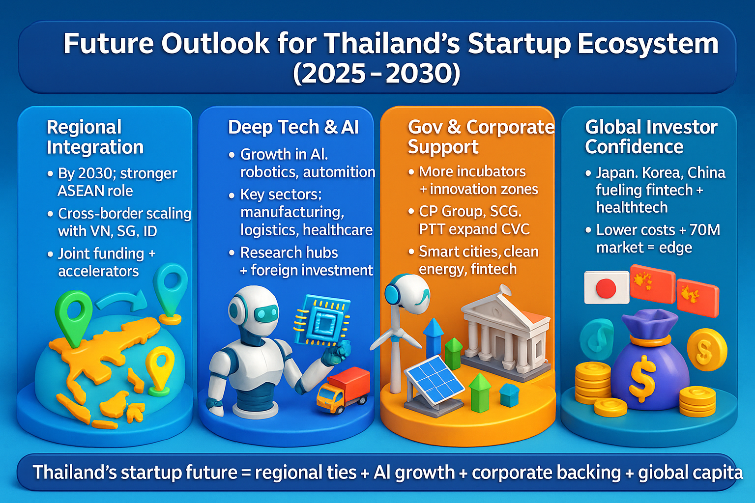 Infographic on Thailand’s startup outlook 2025–2030, highlighting regional integration, AI growth, corporate support, and global investors.