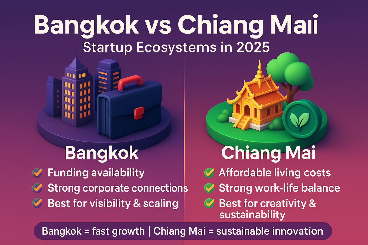 Infographic comparing Bangkok vs Chiang Mai startup ecosystems in 2025, highlighting cost, growth, creativity, and sustainability.