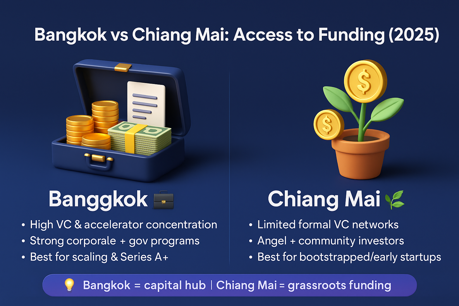 Infographic comparing funding access in Bangkok vs Chiang Mai startups in 2025, showing VC hub vs grassroots investor networks.