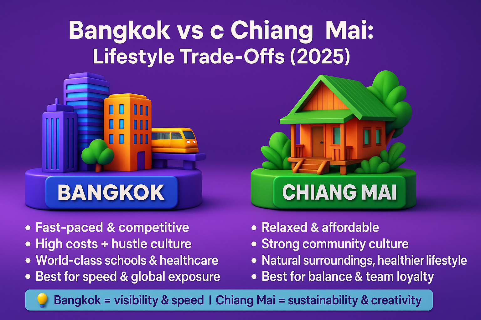 Infographic comparing Bangkok vs Chiang Mai startup lifestyles in 2025, highlighting fast-paced global exposure vs relaxed creativity.