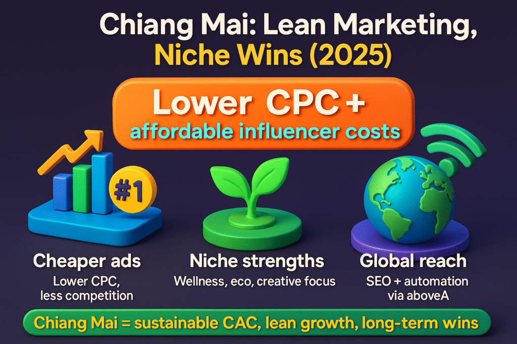 infographic on Chiang Mai startup marketing in 2025, showing lower CPC, niche strengths, and global SEO reach.