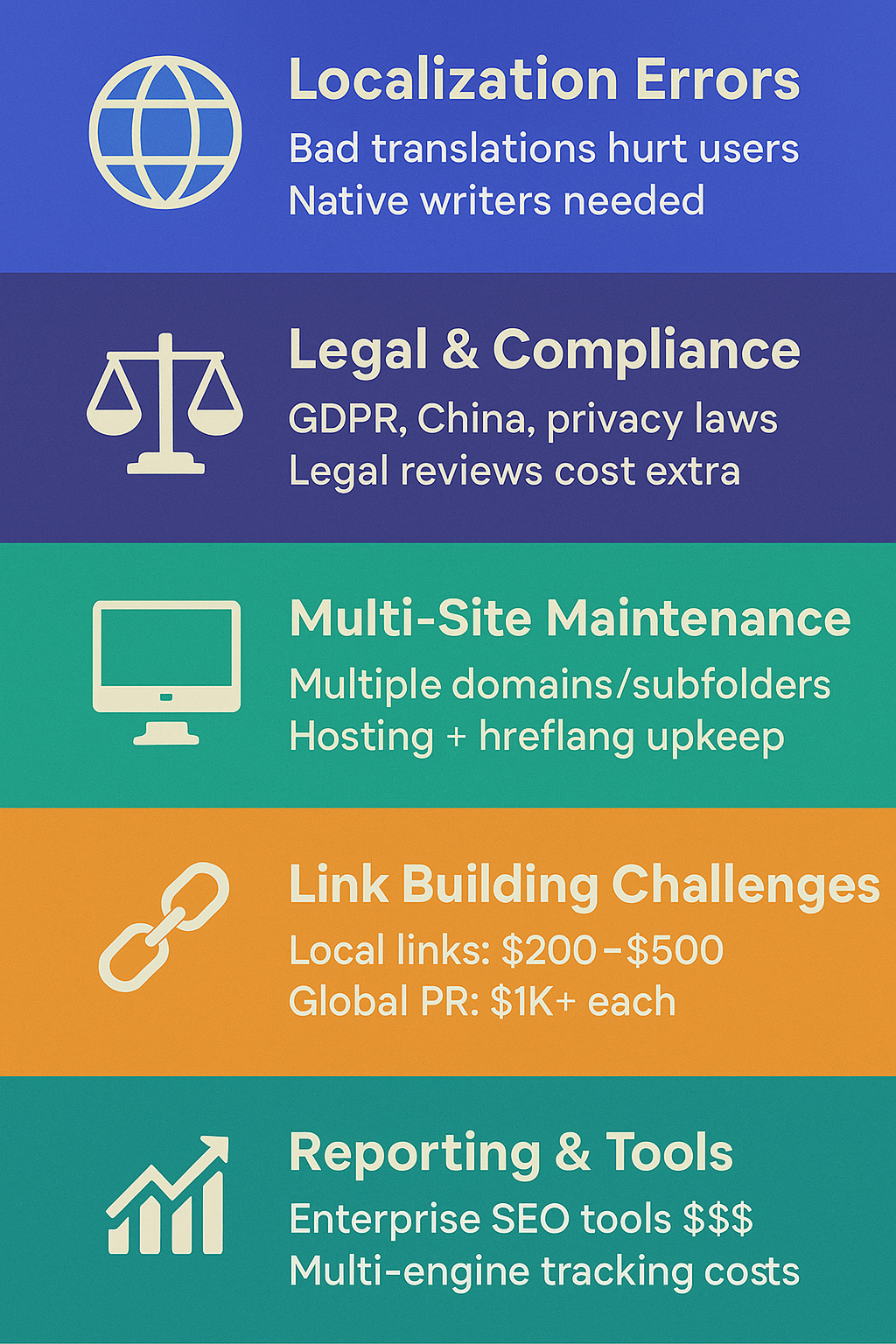 Vertical infographic showing hidden costs of international SEO: localization errors, compliance, multi-site upkeep, link building, and tools.