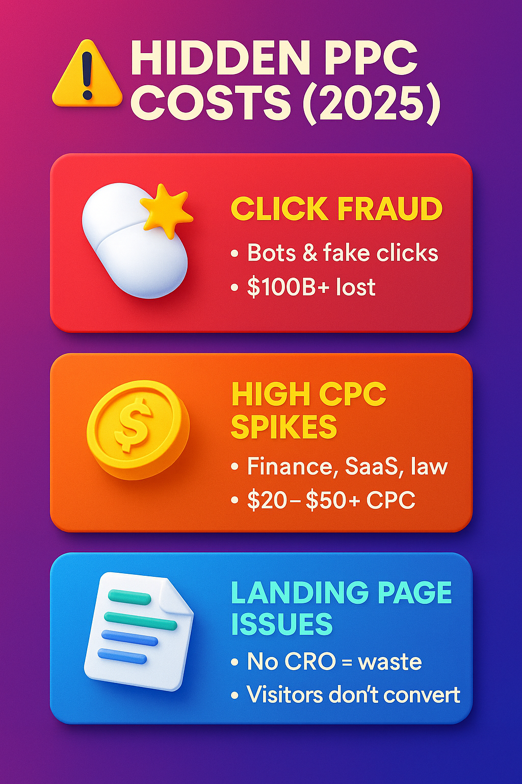 infographic “Hidden PPC Costs (2025)” showing click fraud, high CPC spikes, and landing page issues with 3D icons.