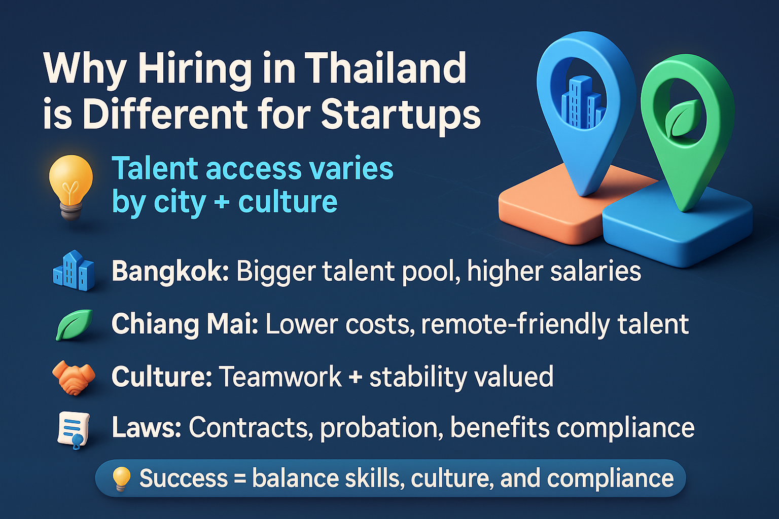 Horizontal 3D infographic on hiring in Thailand, comparing Bangkok and Chiang Mai talent, culture, and compliance factors.