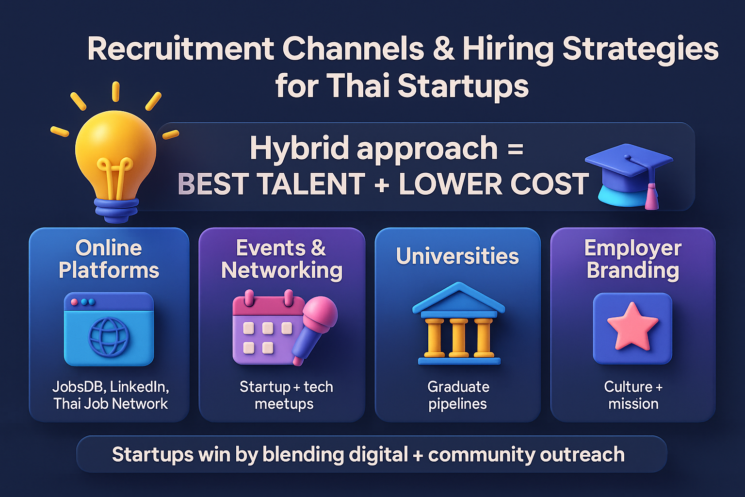 infographic on Thai startup hiring, showing online platforms, events, universities, co-working hubs, referrals, and branding.