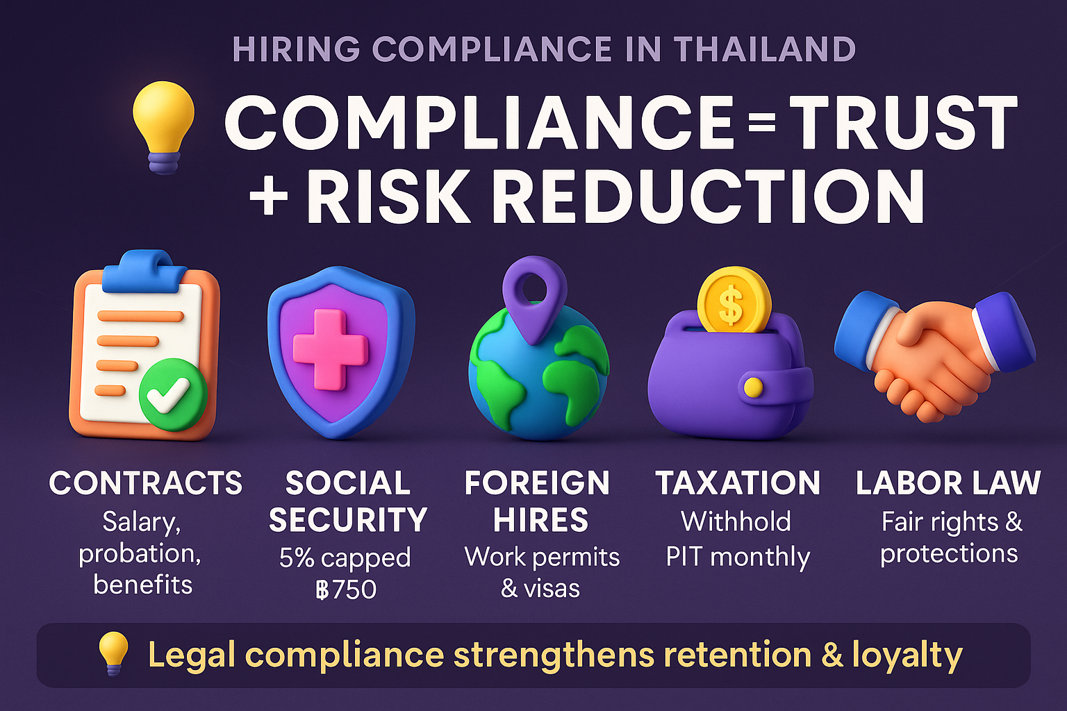 infographic on hiring compliance in Thailand, showing contracts, social security, foreign hires, taxation, and labor law.