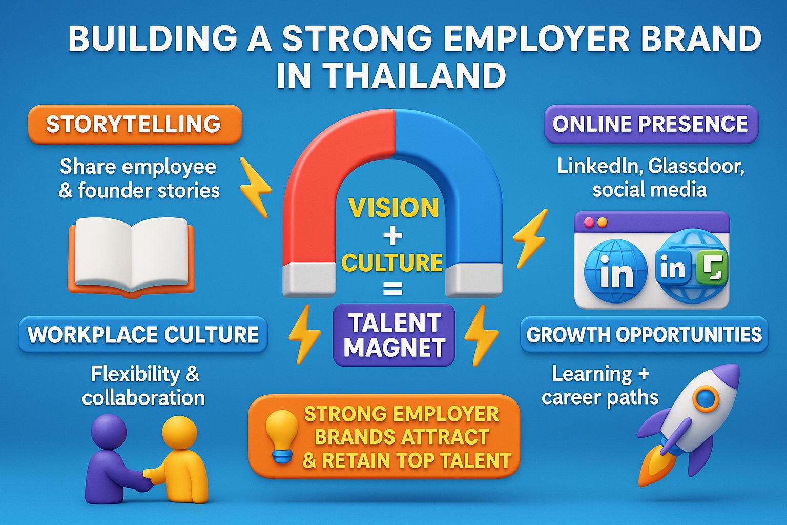 infographic on employer branding in Thailand, showing storytelling, online presence, culture, and growth opportunities.