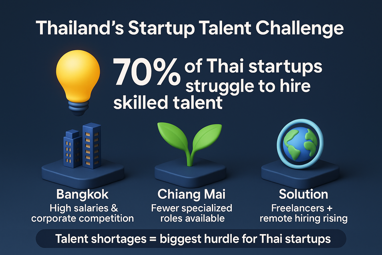 infographic showing that 70% of Thai startups struggle to hire talent, with Bangkok, Chiang Mai, and remote solutions.