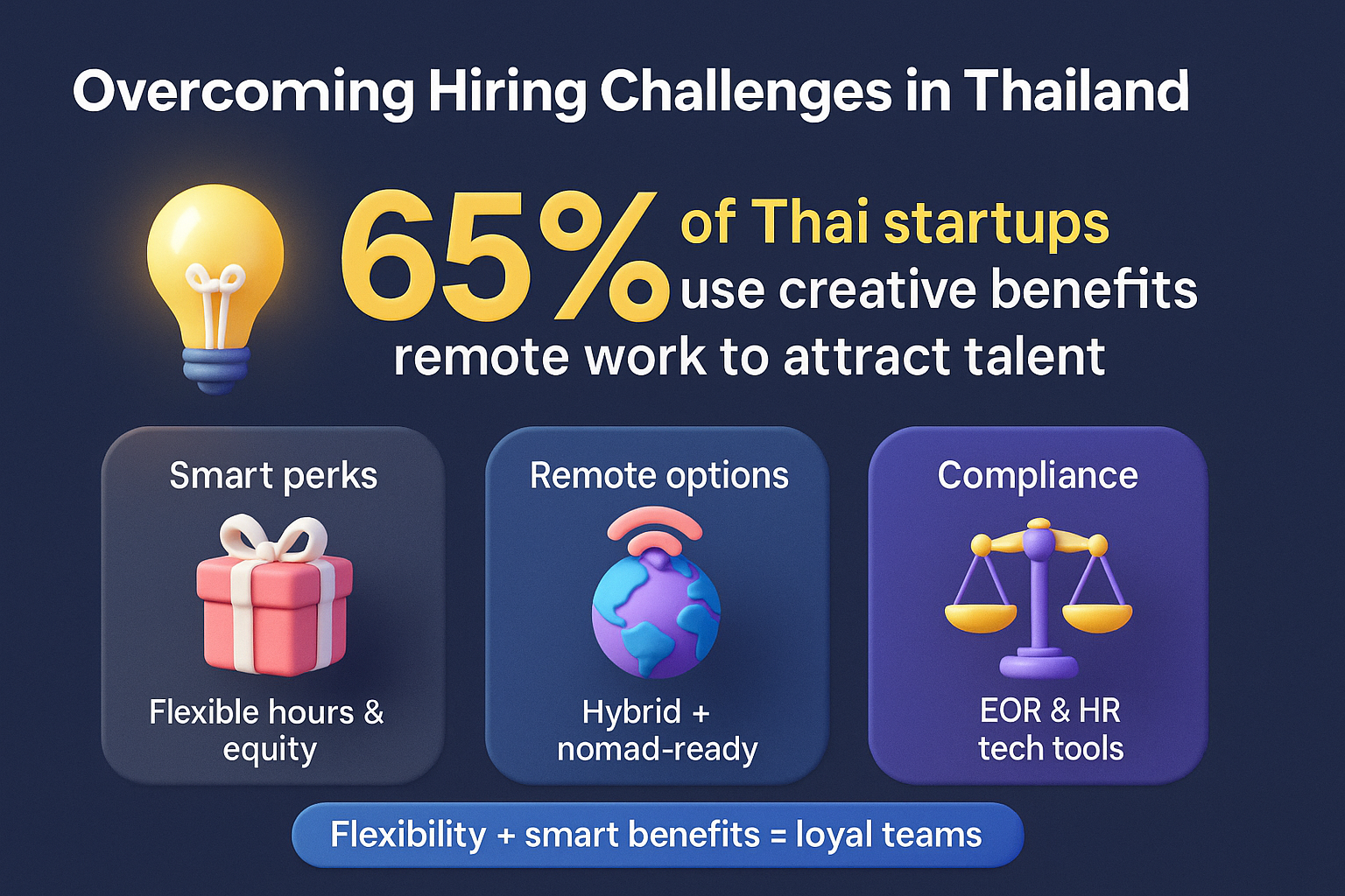 infographic showing 65% of Thai startups use creative benefits and remote work to attract and retain talent.
