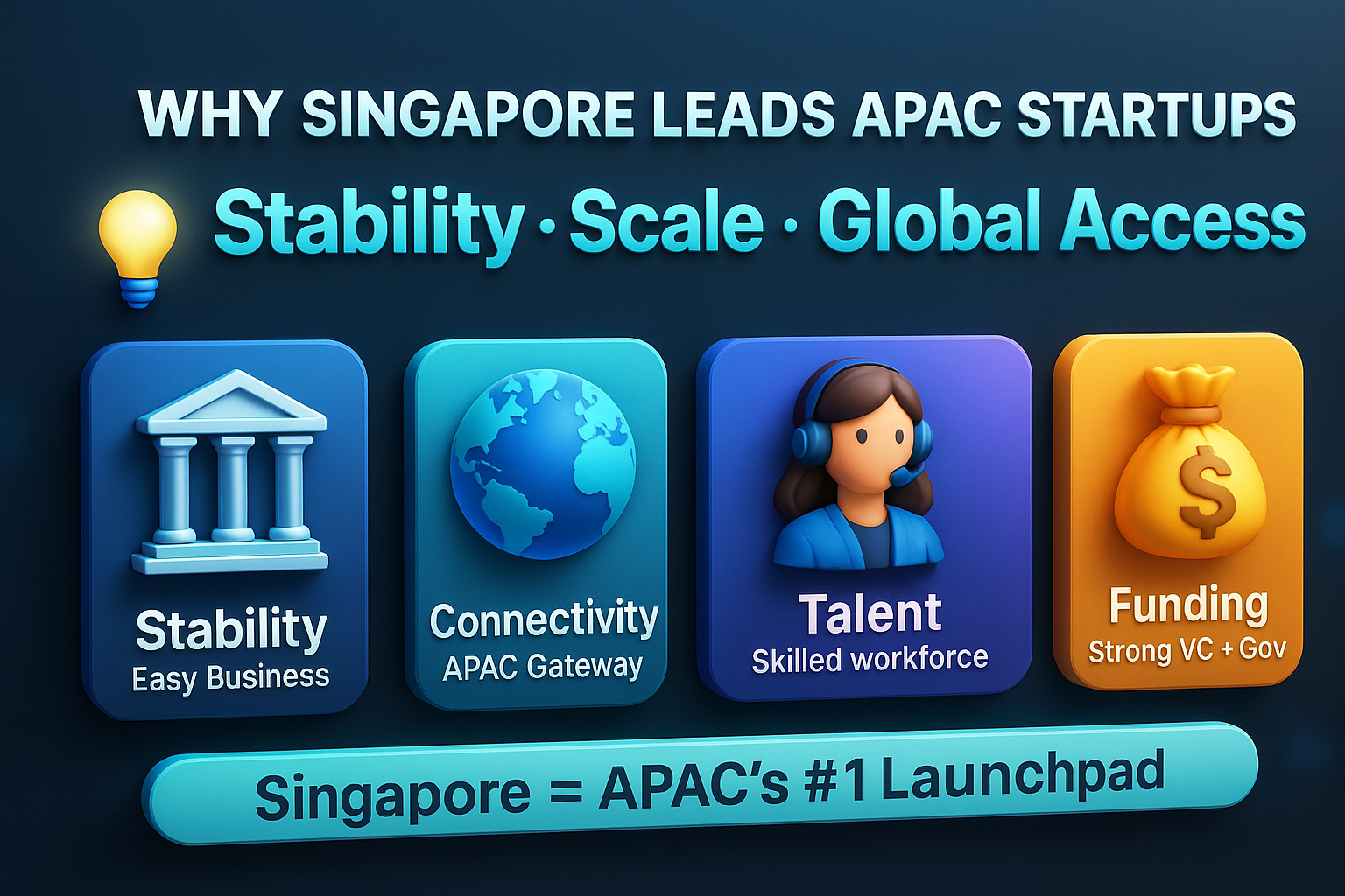 infographic titled "Why Singapore Leads APAC Startups," showing four pillars: Stability, Connectivity, Talent, and Funding, with bold icons and a footer stating “Singapore = APAC’s #1 Launchpad.”