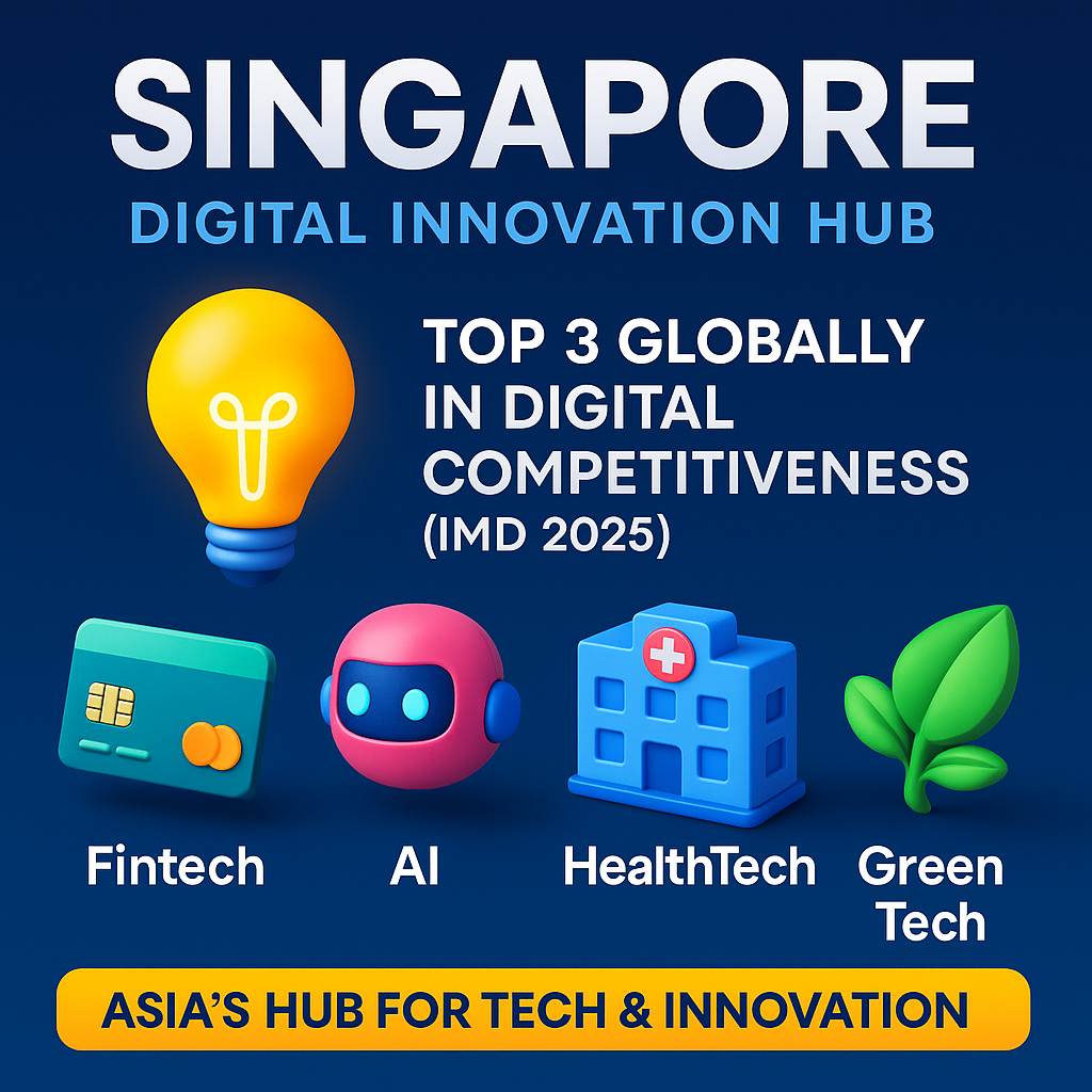 infographic titled "Singapore Digital Innovation Hub," showing Singapore ranked top 3 globally in digital competitiveness (IMD 2025) with icons for Fintech, AI, HealthTech, and Green Tech, plus a footer reading “Asia’s Hub for Tech & Innovation.”