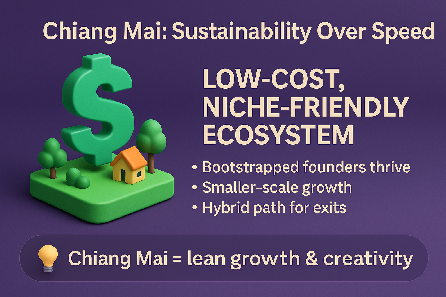 infographic on Chiang Mai startups, highlighting low-cost ecosystem, smaller-scale growth, and hybrid exit paths.