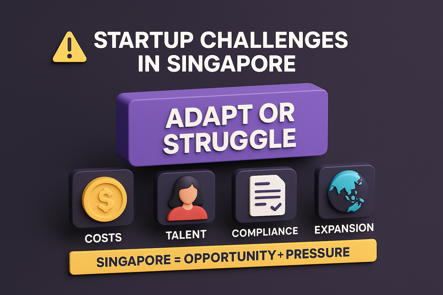 infographic on Singapore startup challenges showing Costs, Talent, Compliance, Expansion with message "Adapt or Struggle."