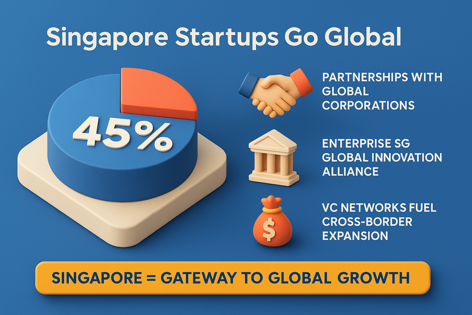 infographic titled "Singapore Startups Go Global," highlighting 45% funded by international investors in 2025, with icons for partnerships, Enterprise SG, and VC networks.