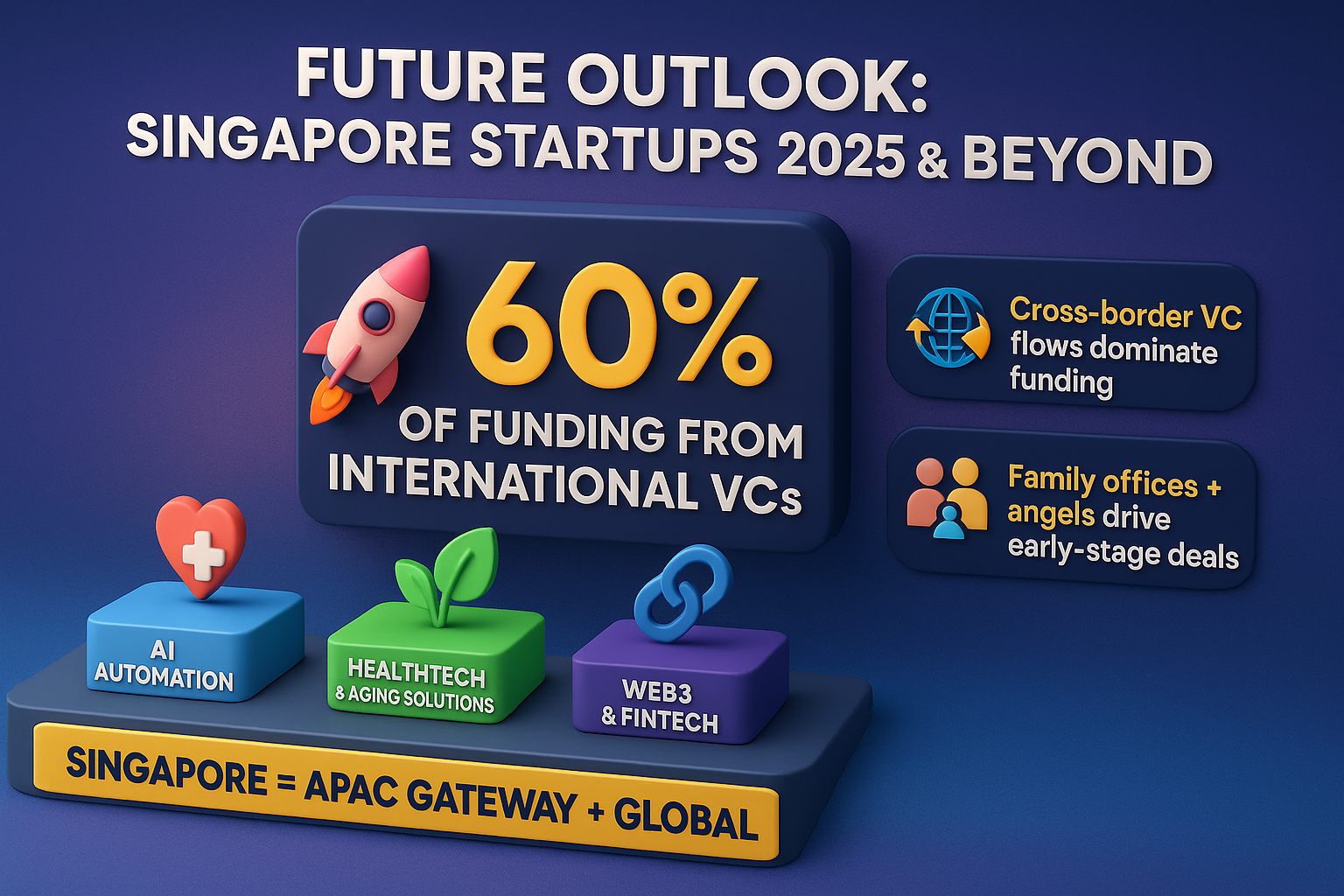 infographic shows Singapore startup outlook 2025, 60% VC from global investors, growth in AI, healthtech, climate tech.