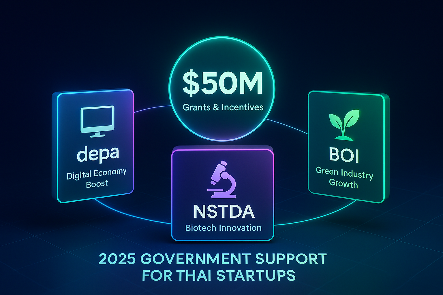 Thai government agencies depa, NSTDA, and BOI expand startup support in 2025 with $50M grants for digital, biotech, and green sectors.