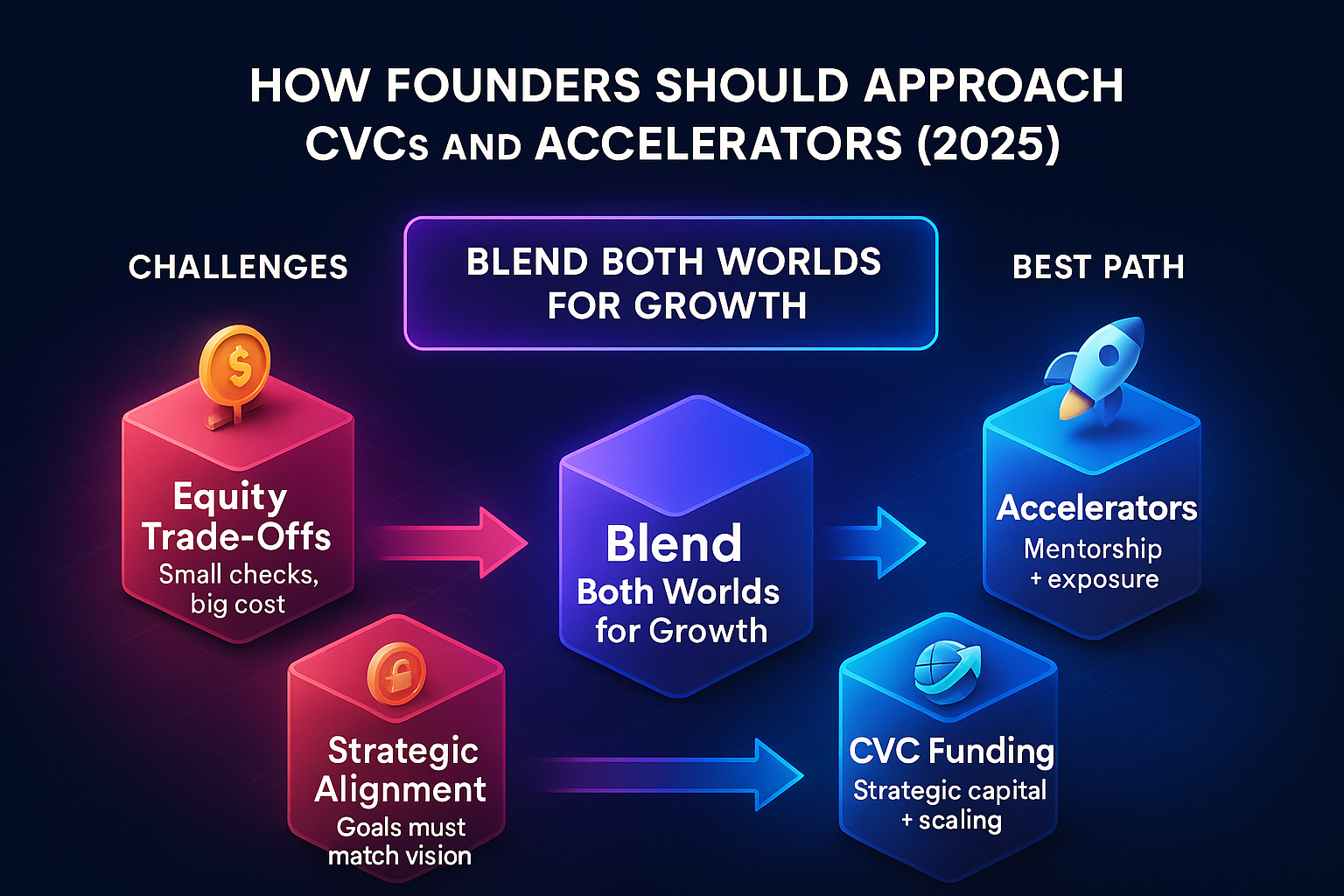 Infographic on how Thai founders should approach CVCs and accelerators in 2025, showing challenges, best path, and blended growth.