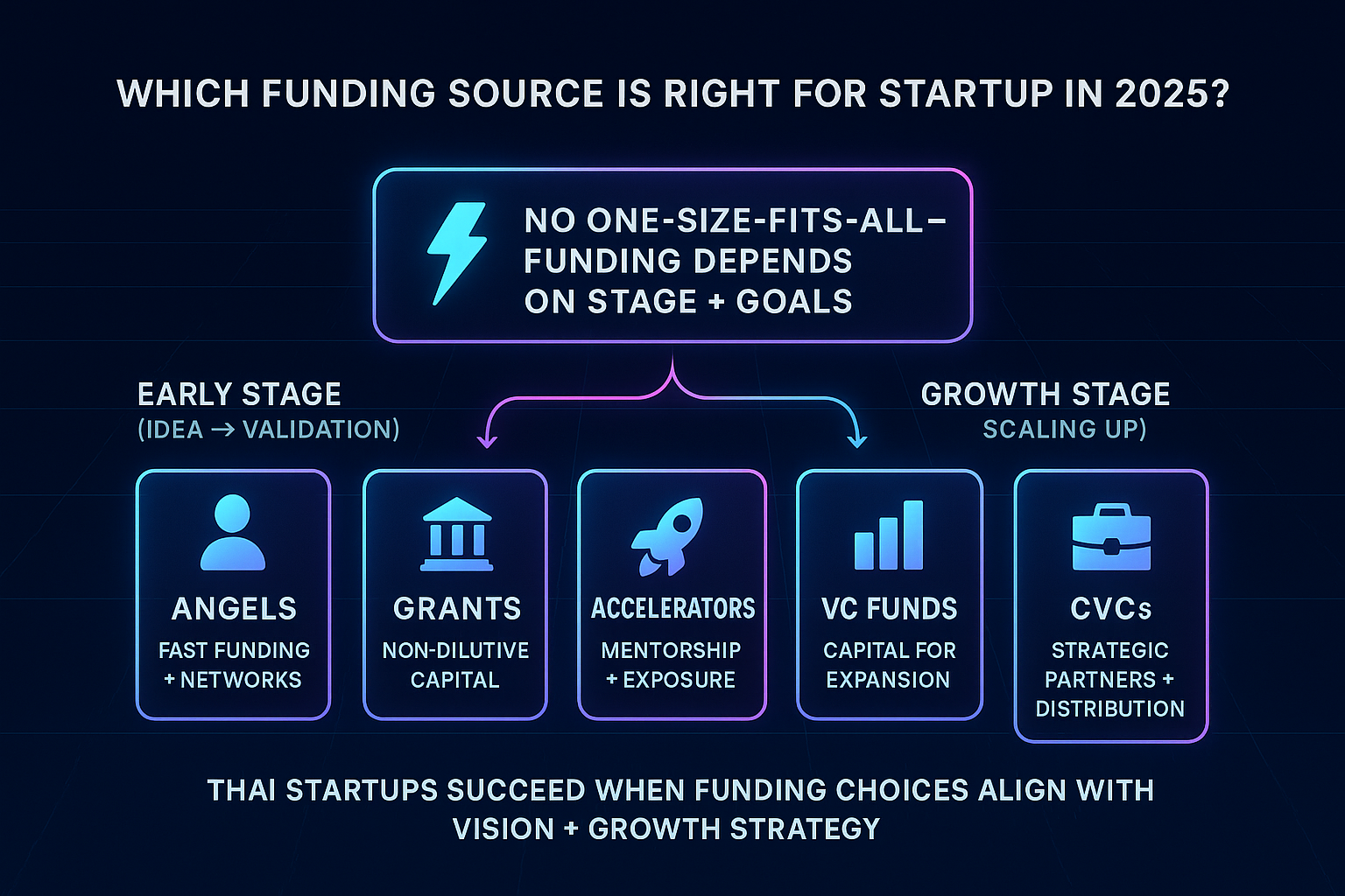 Infographic on startup funding in Thailand 2025, showing early-stage vs growth-stage options from angels to VC and CVCs.