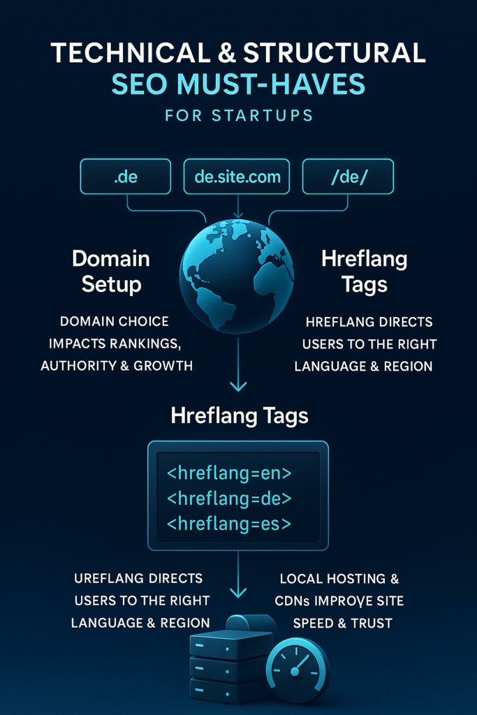 Infographic showing technical and structural SEO must-haves for startups: domain setup, hreflang tags, and hosting/CDN speed.