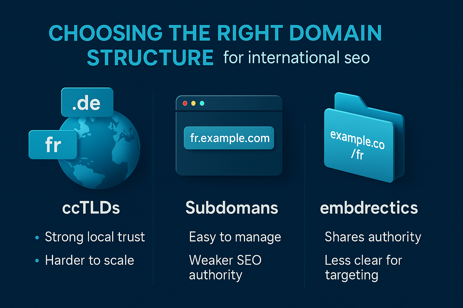 Infographic comparing domain structures for international SEO: ccTLDs, subdomains, and subdirectories with pros and cons.
