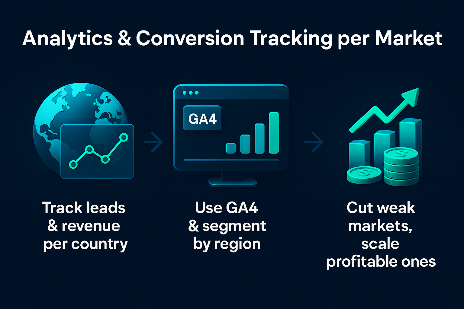 Infographic on analytics and conversion tracking for international SEO: track revenue by country, use GA4, scale profitable markets