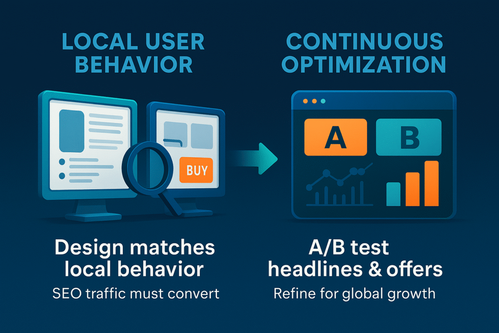 Infographic on local user behavior and continuous optimization: adapt designs by market and run A/B tests for global growth