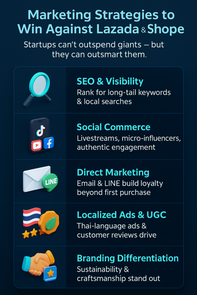 Vertical infographic on marketing strategies for Thai startups to compete with Lazada & Shopee using SEO, social commerce, branding, and retention.