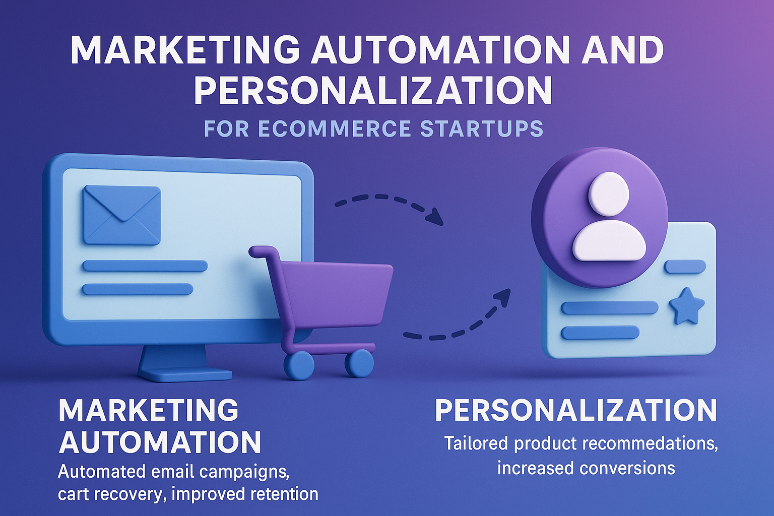 3D infographic on ecommerce marketing automation and personalization showing email campaigns, cart recovery, and tailored product recommendations.