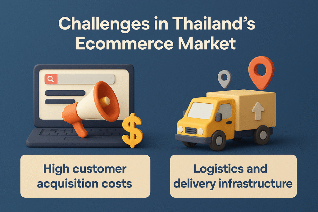 infographic on Thailand’s ecommerce challenges showing high customer acquisition costs with a laptop, megaphone, dollar sign, and logistics issues with a delivery truck and location pins.