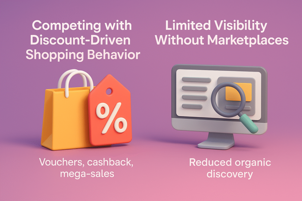 infographic on Thailand’s ecommerce challenges showing discount-driven shopping with a shopping bag and percentage tag, and limited visibility without marketplaces with a monitor and magnifying glass.
