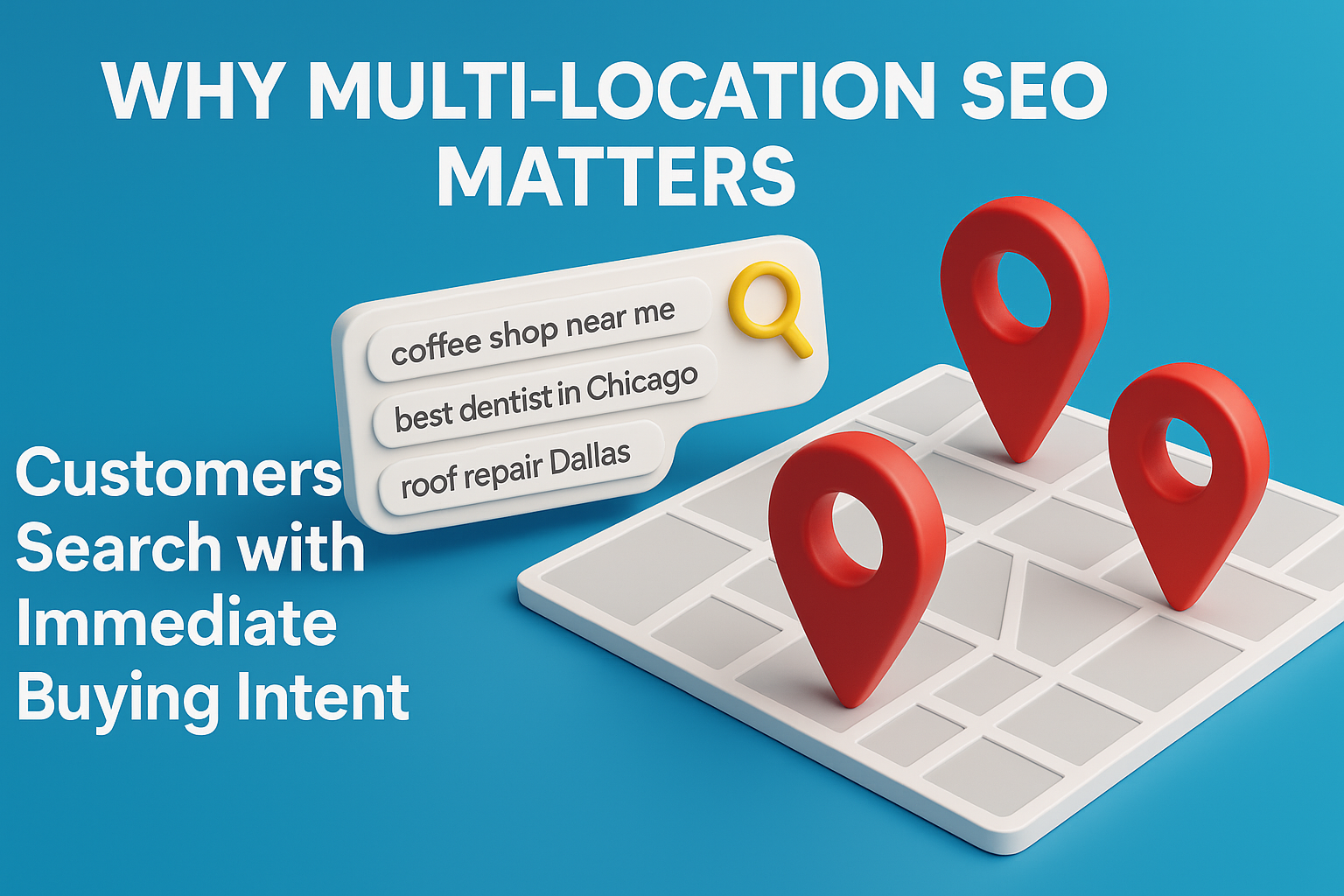 3D infographic showing why multi-location SEO matters with map pins, search queries, and text highlighting immediate buying intent.
