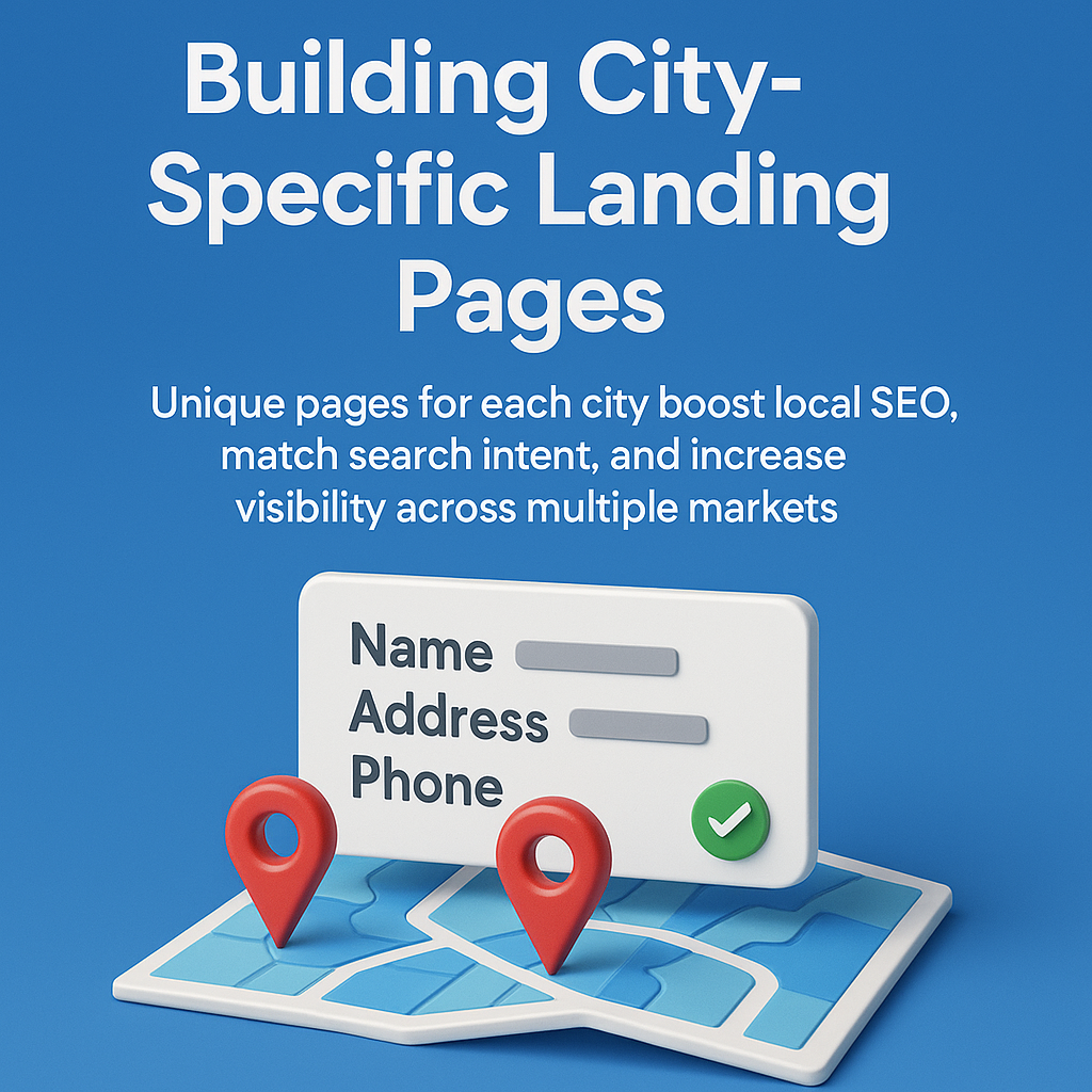 infographic titled "Building City-Specific Landing Pages" on a blue background, featuring a webpage card, red map pins, and text about boosting local SEO visibility across markets