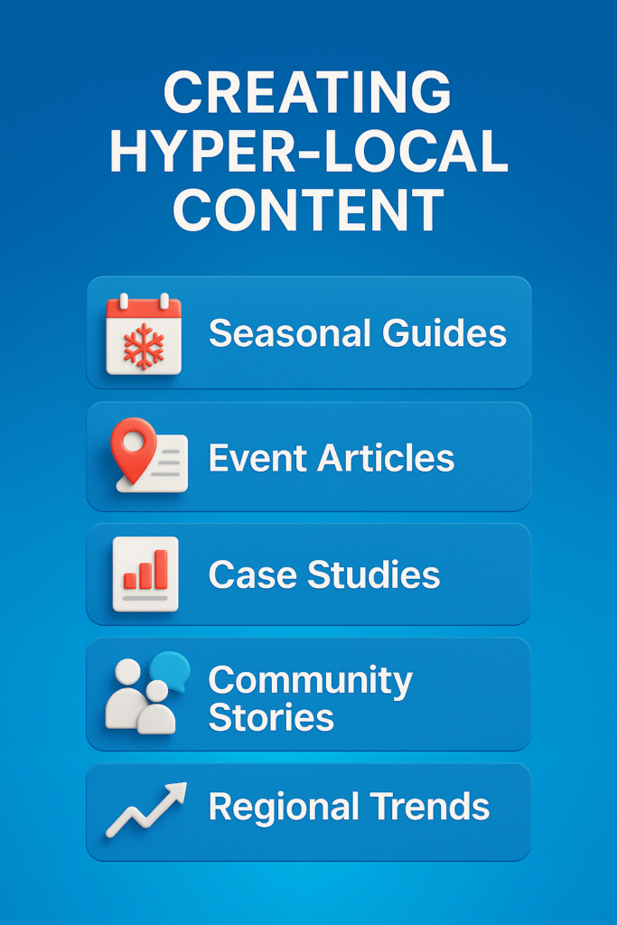 ChatGPT said: 3D infographic on creating hyper-local content for SEO, showing seasonal guides, event articles, case studies, and community stories to boost rankings.
