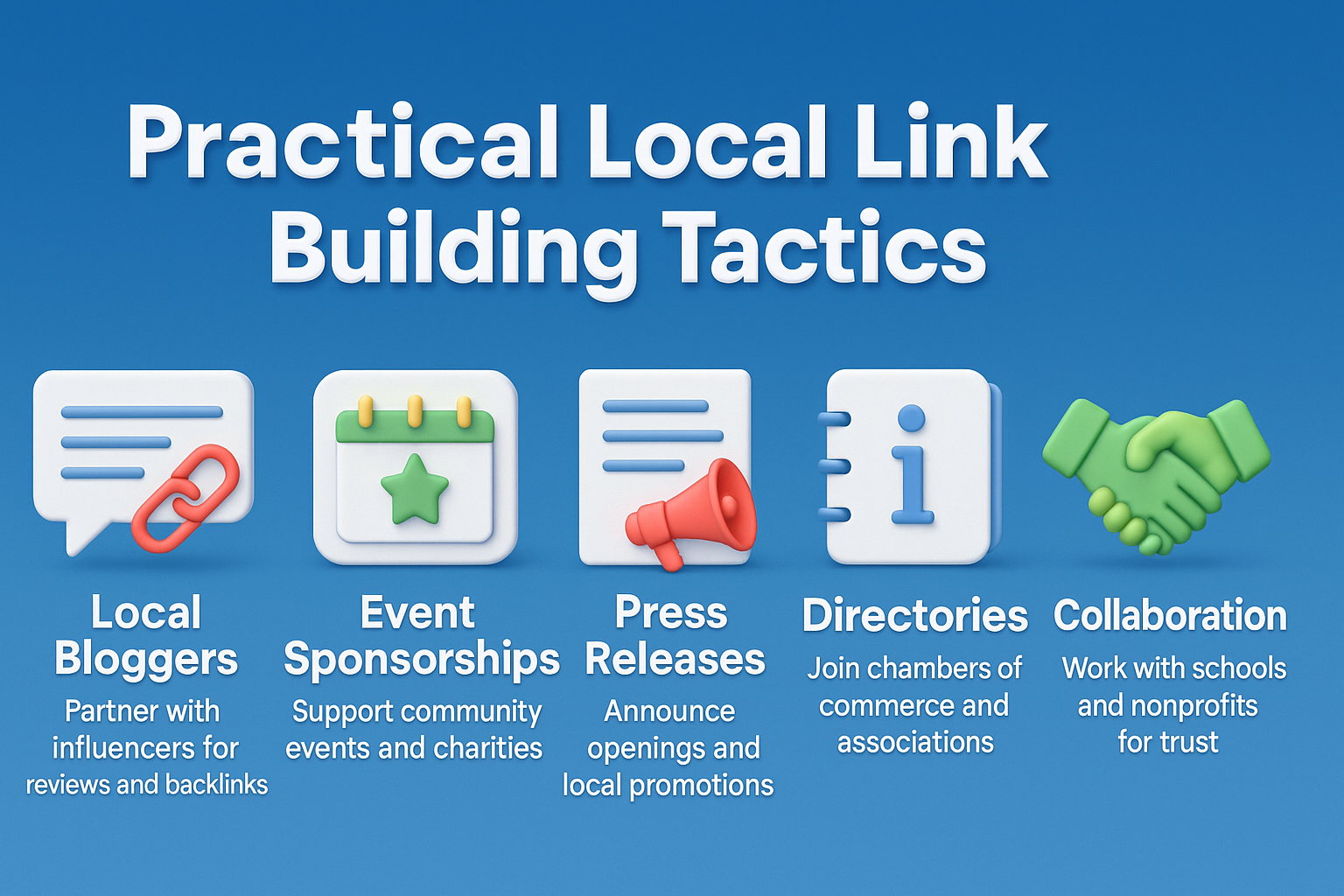 infographic on practical local link building tactics, showing icons for bloggers, event sponsorships, press releases, directories, and collaborations.