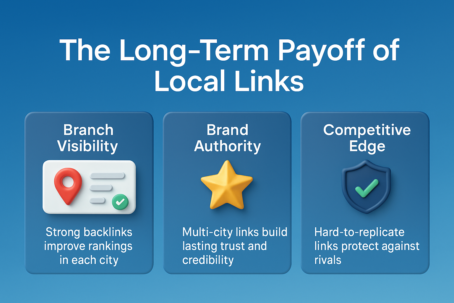 infographic titled The Long-Term Payoff of Local Links with icons for visibility, authority, and competitive edge on blue background.