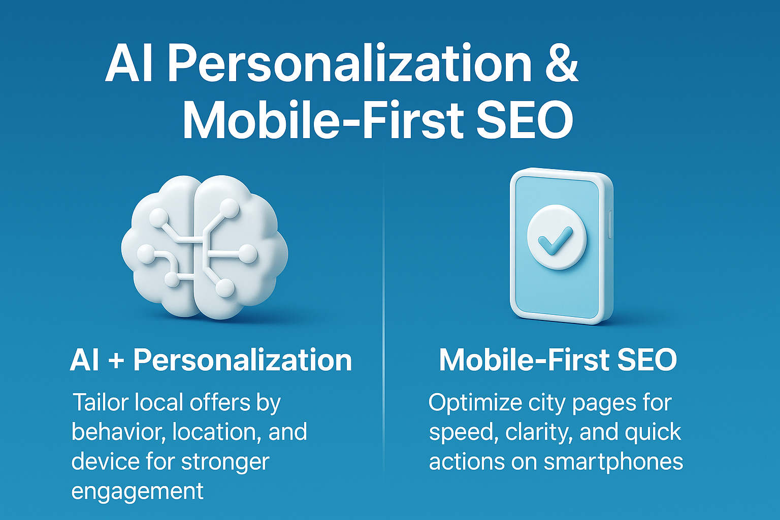 infographic titled AI Personalization & Mobile-First SEO with icons for AI brain and smartphone, highlighting tailored offers and mobile optimization.