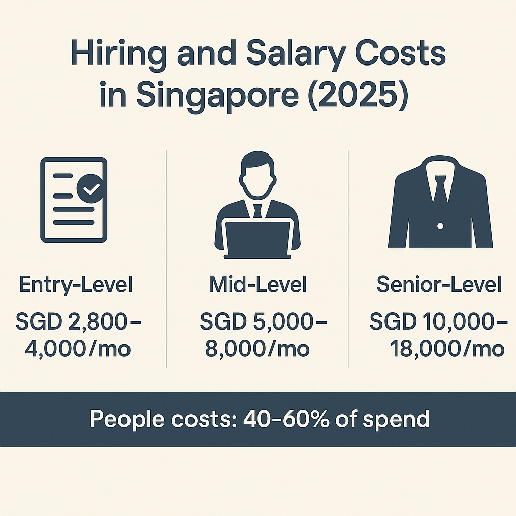 Infographic on hiring and salary costs for startups in Singapore 2025, showing entry, mid, and senior-level salaries with people costs at 40–60%.