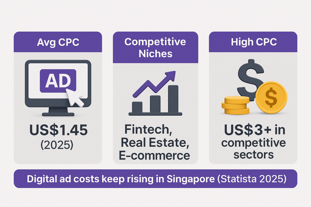 Infographic on rising digital ad costs in Singapore 2025 showing average CPC at US$1.45, niches like fintech and e-commerce, and high CPC rates above US$3.