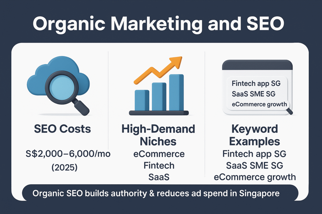 Infographic on organic marketing and SEO in Singapore 2025 showing SEO costs, high-demand niches like eCommerce, fintech, SaaS, and keyword examples with a bottom note on building authority.
