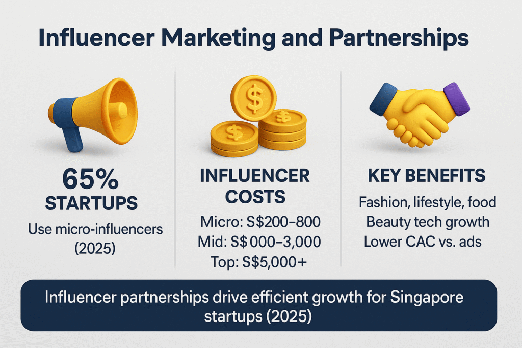 Infographic on influencer marketing in Singapore 2025 showing 65% startups use micro-influencers, influencer costs by tier, and benefits like lower CAC in fashion, lifestyle, food, and beauty tech.