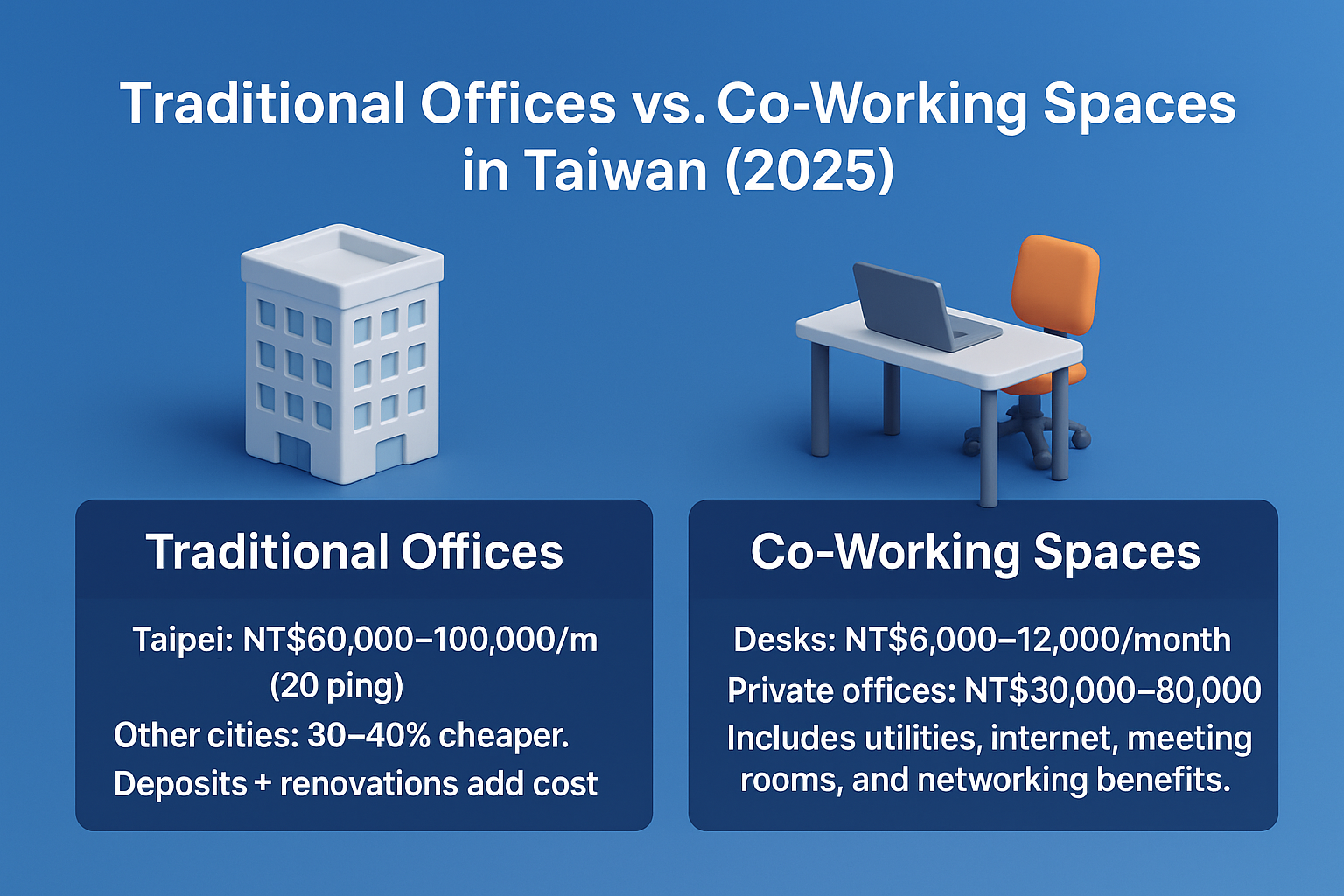 infographic comparing traditional offices vs co-working spaces in Taiwan 2025, showing costs, deposits, utilities, and benefits.