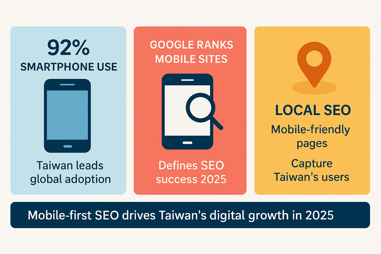 Infographic on mobile-first indexing and local SEO in Taiwan 2025 showing 92% smartphone use, Google ranking mobile sites, and local SEO with mobile-friendly pages capturing users.