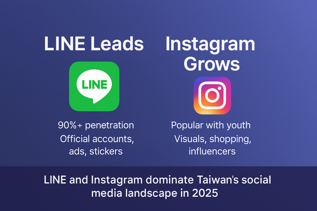 ChatGPT said: Infographic on dominance of LINE and Instagram in Taiwan 2025 showing LINE with 90%+ penetration and features like accounts, ads, stickers, and Instagram growth with visuals, shopping, influencers.