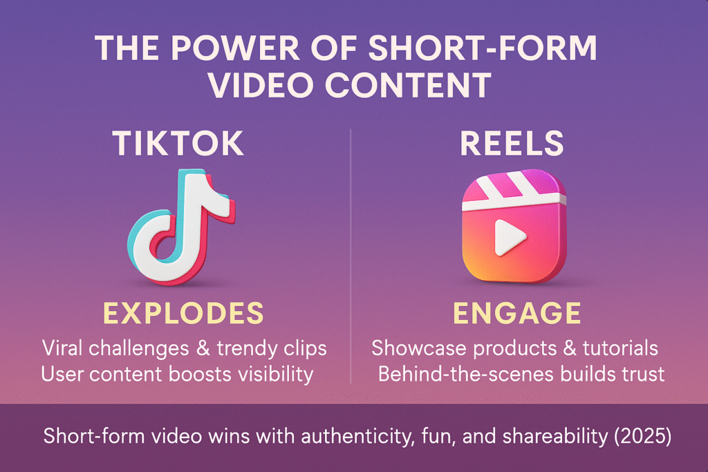 Infographic on the power of short-form video content in 2025 showing TikTok driving visibility through viral clips and Instagram Reels engaging audiences with product showcases and behind-the-scenes content.