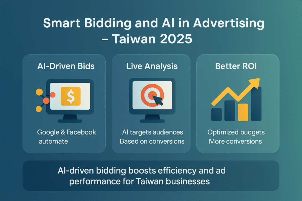 Infographic on smart bidding and AI in advertising – Taiwan 2025 showing AI-driven bids, live data analysis, and better ROI with optimized budgets and more conversions.
