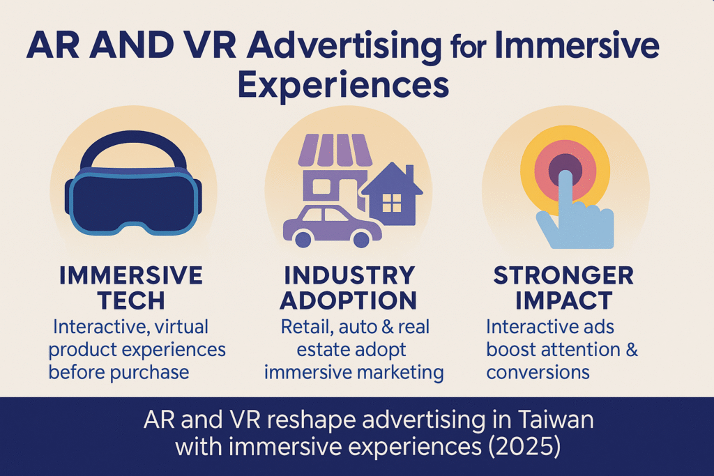 Infographic on AR and VR advertising in Taiwan 2025 showing immersive ads, adoption in retail, auto, and real estate, and stronger engagement through interactive experiences.