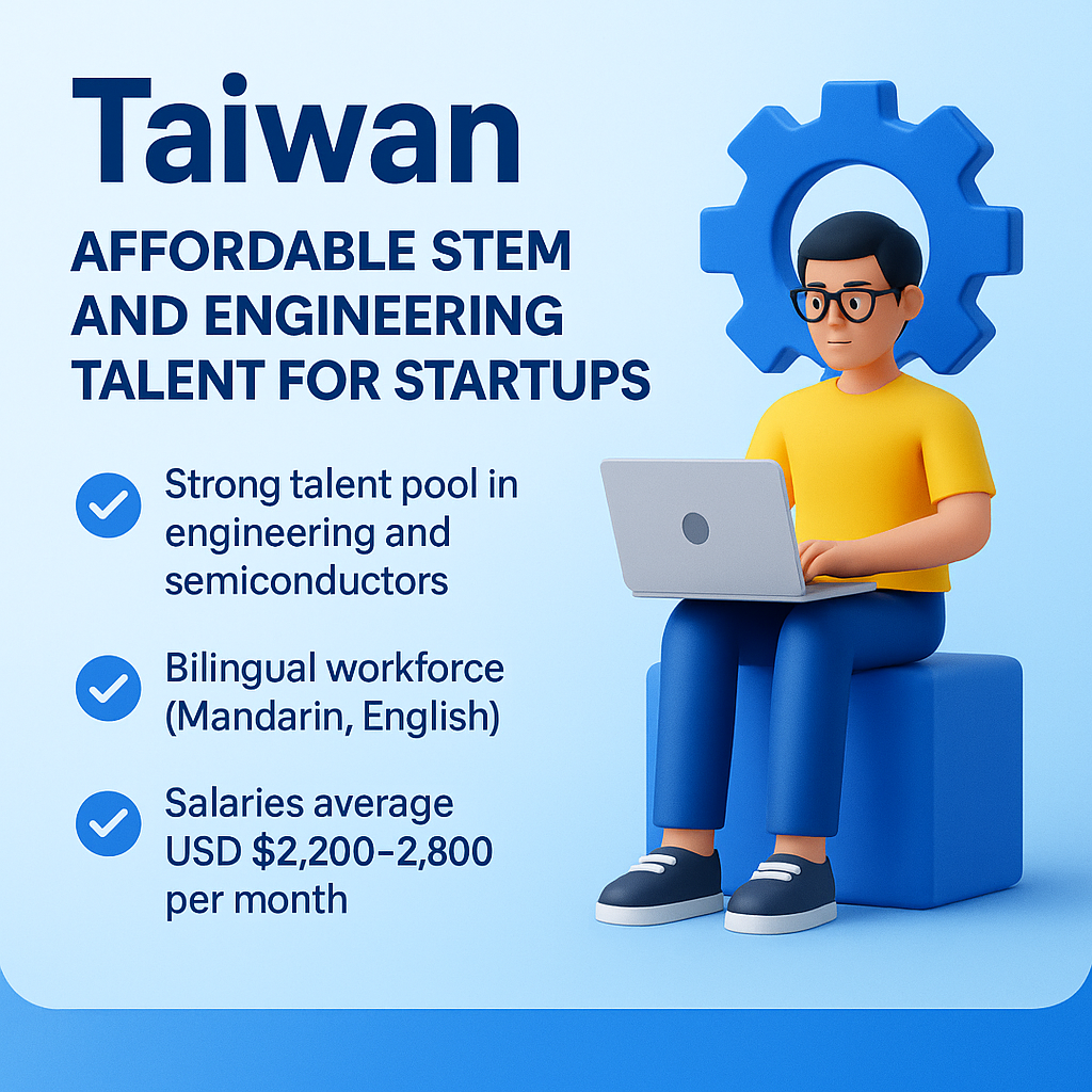 Infographic on Taiwan startup talent highlighting strengths in STEM, affordable salaries of $2,200–2,800, bilingual workforce in Mandarin and English, and aboveA support for smart hiring and retention.