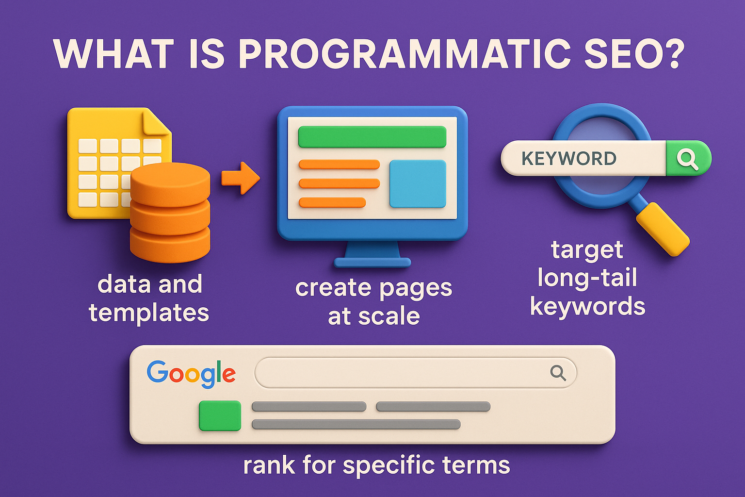 3D infographic explaining Programmatic SEO: data templates, scaled page creation, long-tail keywords, and ranking for specific search terms.