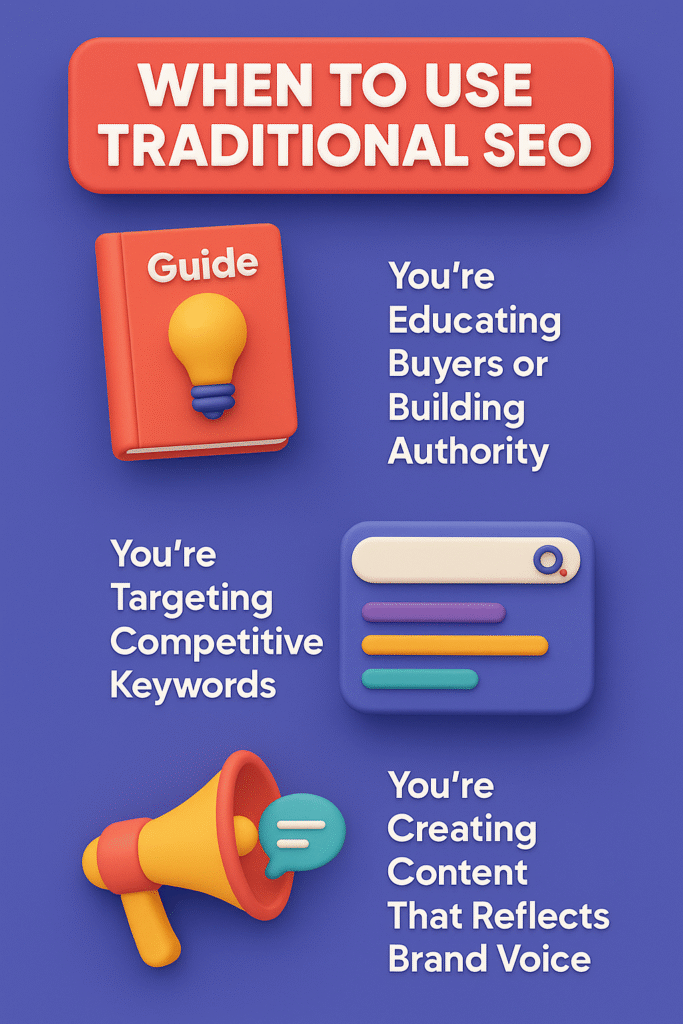Vertical 3D infographic showing when to use traditional SEO: educate buyers, target competitive keywords, and reflect authentic brand voice.