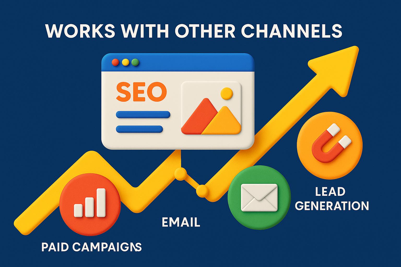 3D horizontal infographic showing how programmatic SEO supports other channels like email, LinkedIn, and paid ads while lowering ongoing costs.
